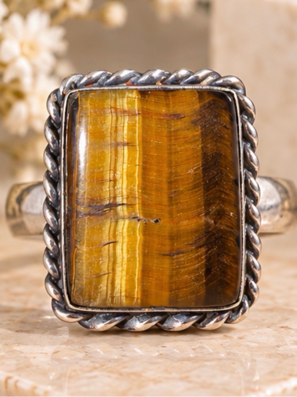 Sterling Silver Tiger's Eye Statement Ring - Golden Brown